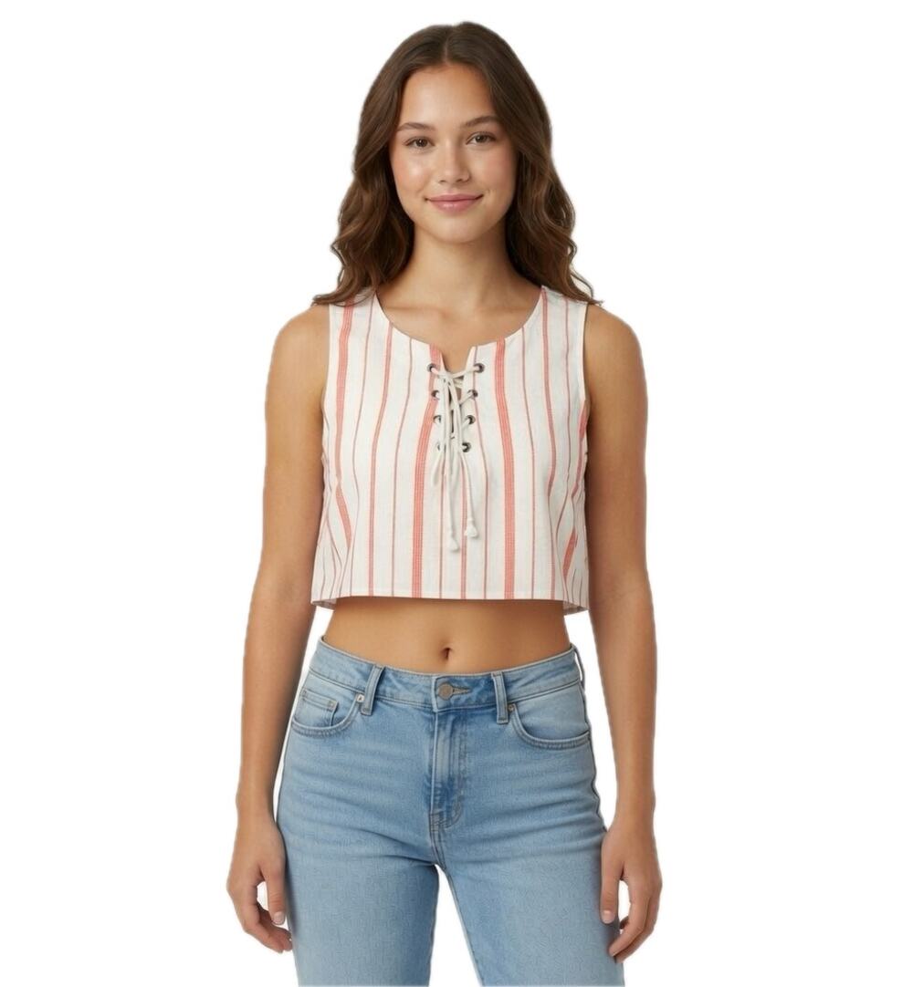 Everly Tie Front Cream & Orange Vertical Striped Tank Top Size Medium